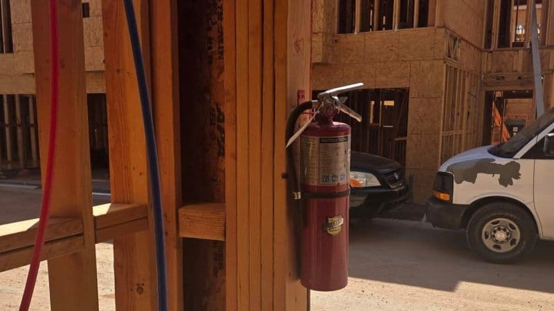 Fire extinguisher is mounted or secured — not left lying on the ground, in the back of a truck