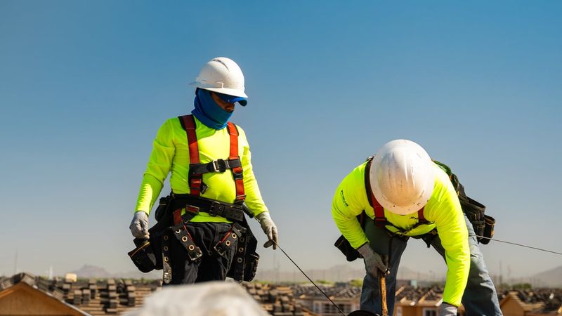 Two roofers in hard hats, hi-vis shirts and full-body harnesses working on a roof deck, lifeline running across the deck