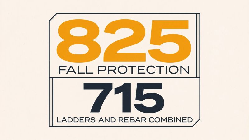 safirst-adosh-violations-arizona-construction-blog-hero-1-825-over-715 Stat card: 825 for fall protection above a smaller 715 for ladders and rebar combined