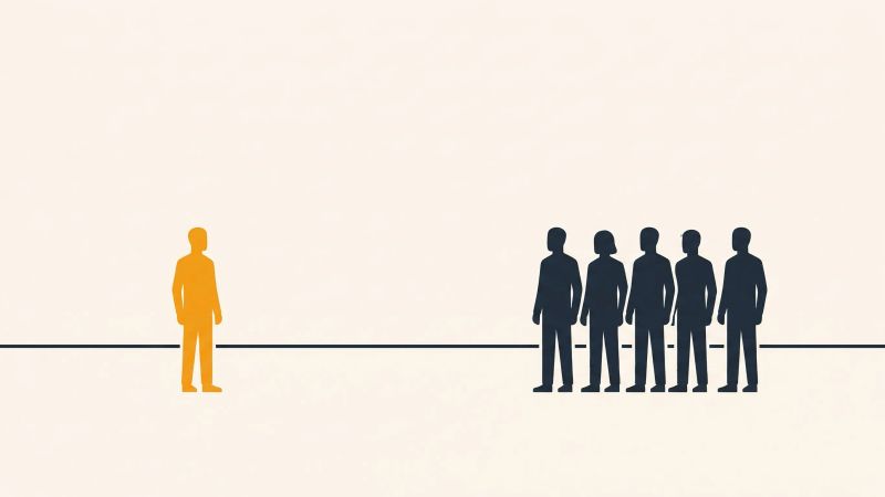 One crew silhouette standing apart across open ground from a row of six facing him