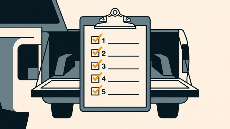 Clipboard on a truck tailgate holding a five-line plan sheet, every box ticked before the workday starts